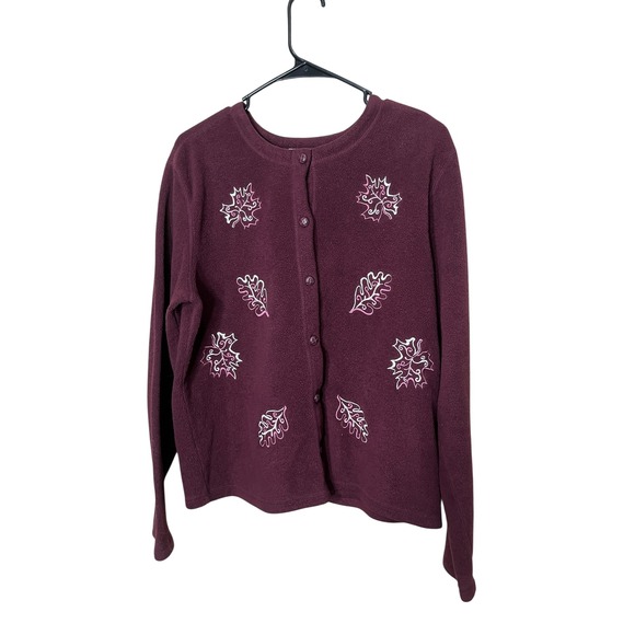 Fashion Bug Womens XL Cardigan Burgundy Fleece Button Down Embroidered Leaves - Picture 1 of 5